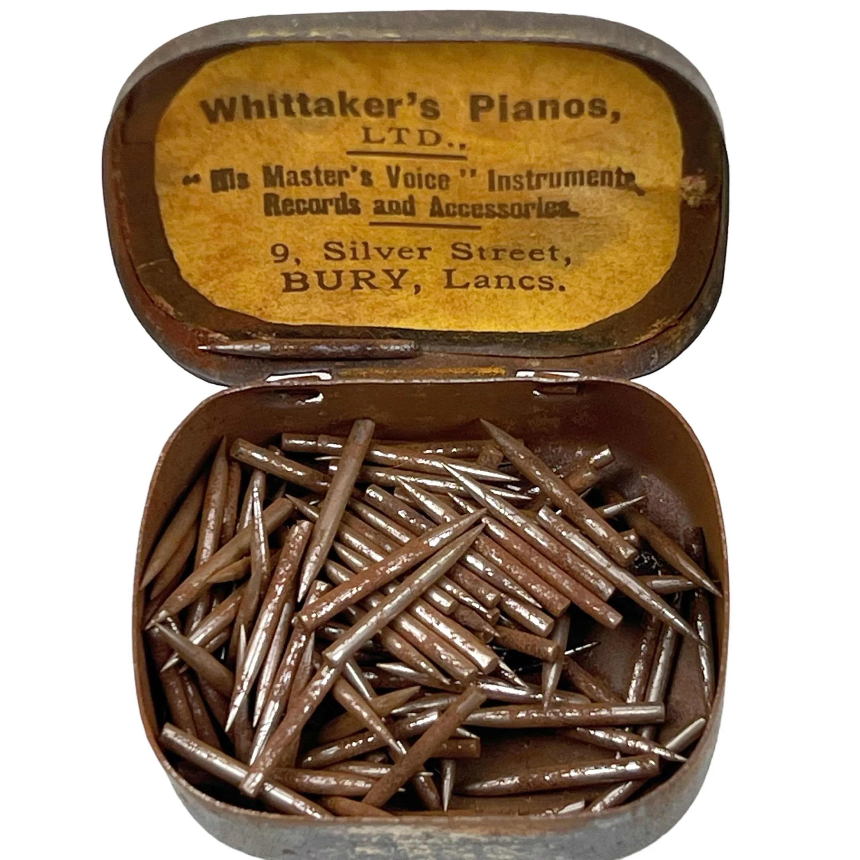Antique His Masters Voice Tin w Gramophone Needles Ad for Whittakers Pianos Bury Lancashire