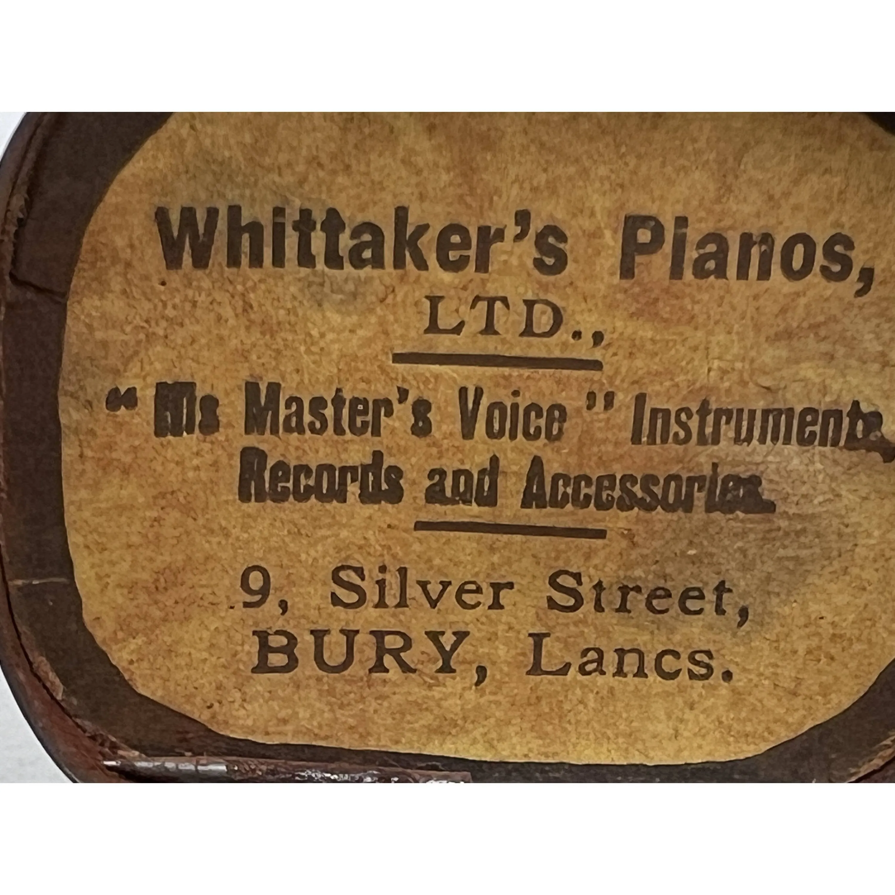 Antique His Masters Voice Tin w Gramophone Needles Ad for Whittakers Pianos Bury Lancashire