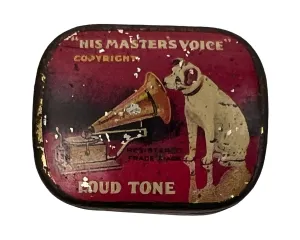 Antique His Masters Voice Tin w Gramophone Needles Ad for Whittakers Pianos Bury Lancashire