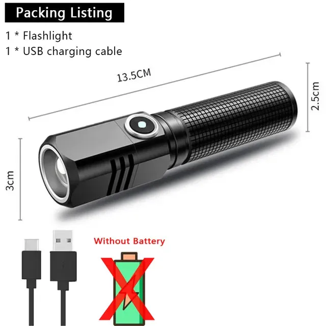 Powerful Mini Portable Alloy Variable-focus LED Flashlight Uses 18650 Battery USB Rechargeable Waterproof Outdoor Camping Torch