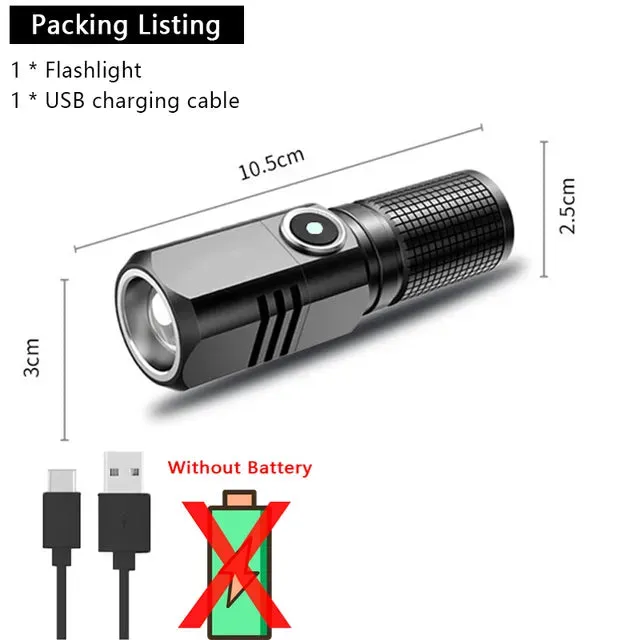 Powerful Mini Portable Alloy Variable-focus LED Flashlight Uses 18650 Battery USB Rechargeable Waterproof Outdoor Camping Torch