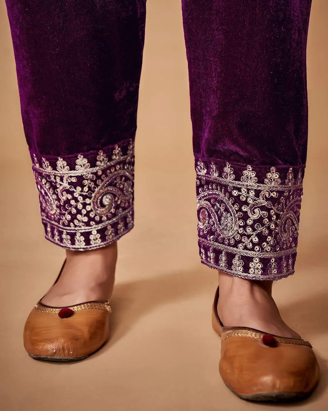Wine Velvet Top With Ankle Length Pant