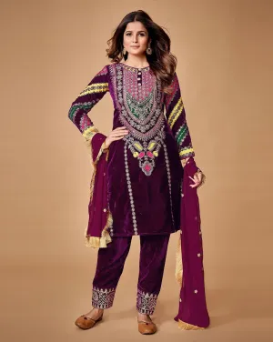 Wine Velvet Top With Ankle Length Pant