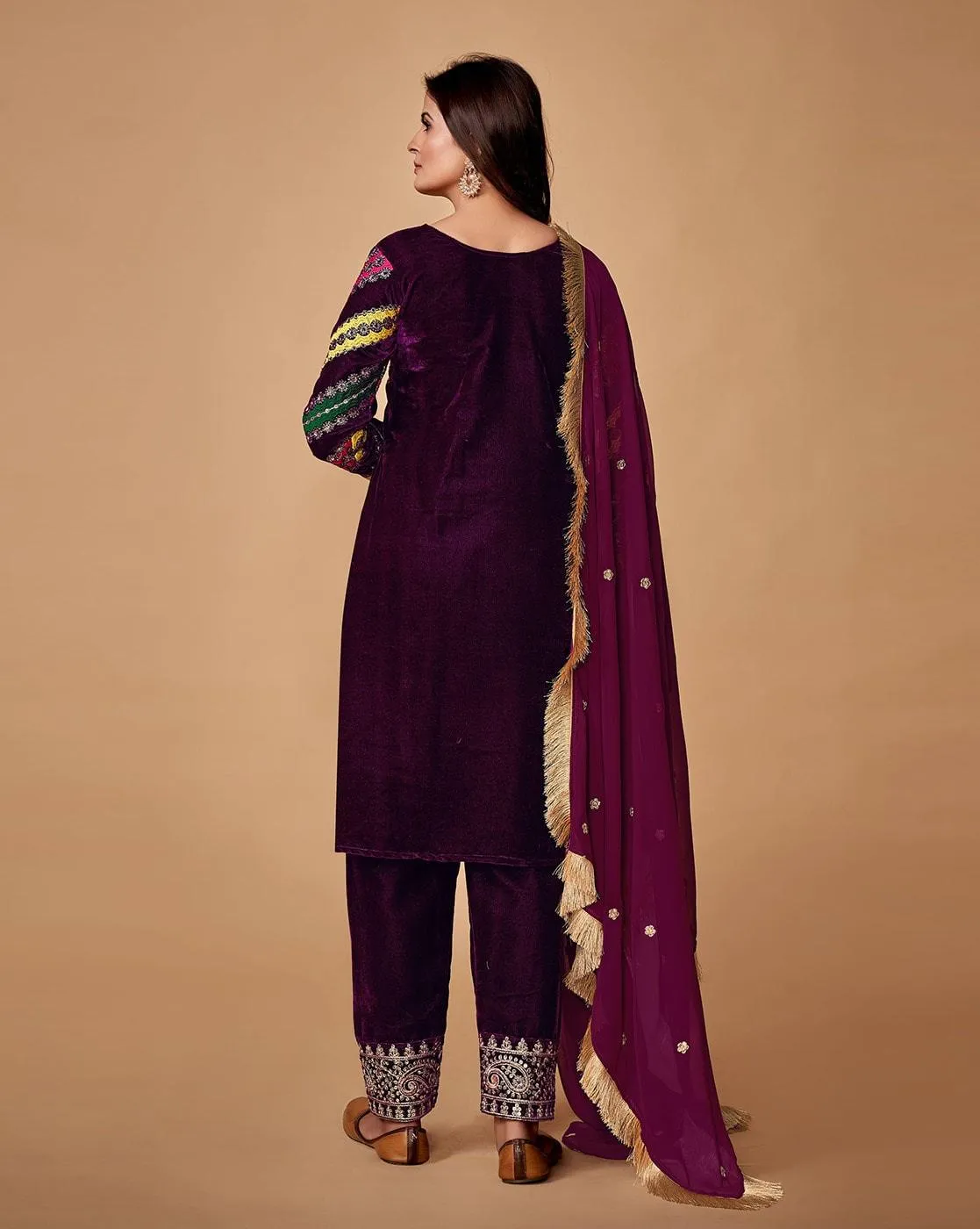 Wine Velvet Top With Ankle Length Pant