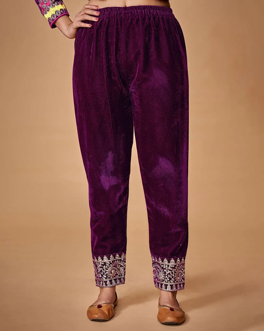 Wine Velvet Top With Ankle Length Pant