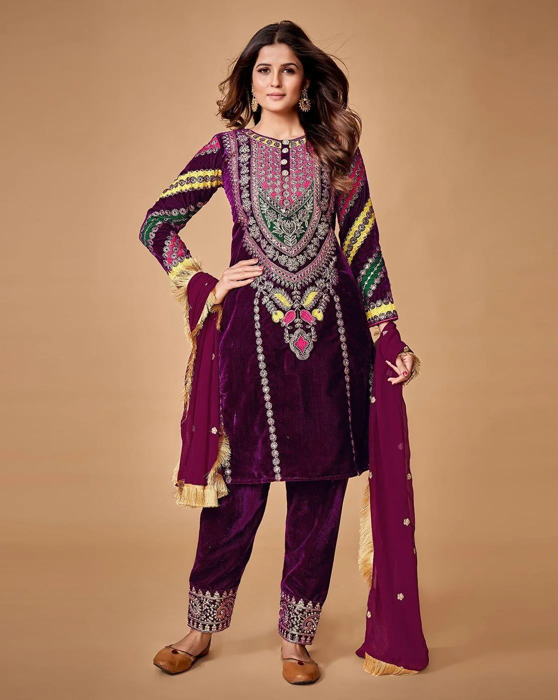 Wine Velvet Top With Ankle Length Pant