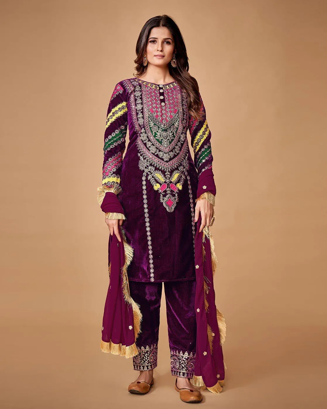 Wine Velvet Top With Ankle Length Pant